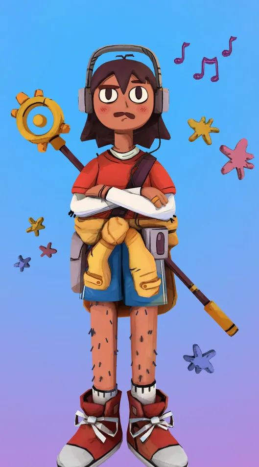 带有手绘纹理的3D角色戴耳机听歌的男孩动画