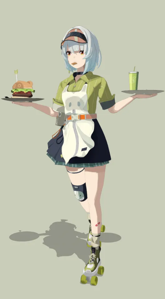 为3D卡通风格轮滑店员女角色模型，创意设计