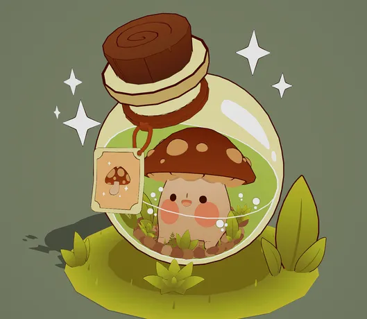 3D卡通风萌系蘑菇瓶中景模型，创意设计