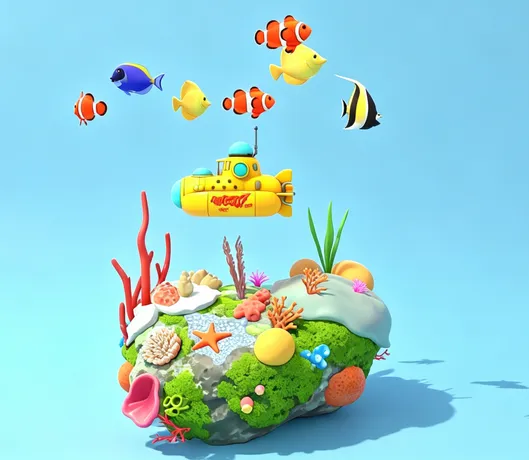 水下场景鱼潜艇珊瑚游动动画
