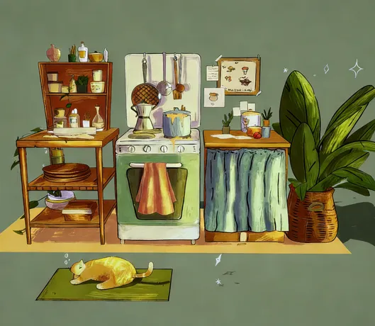 温馨风格厨房插画，创意设计