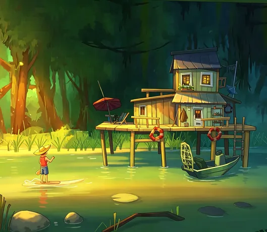 引人入胜的房子河边木屋建筑渔船小男孩场景