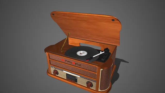 复古  黑胶唱片机  暖棕色木纹材质  翻盖式设计  老式  唱臂与唱头