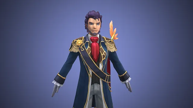 一个紫发贵族军官的3D模型，身着复古军装