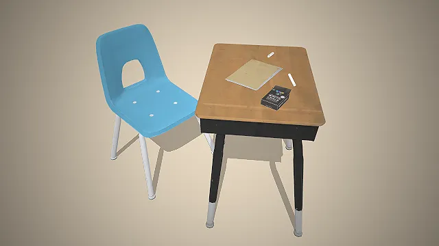 课桌椅套装  蓝色塑料椅  校园场景  木质桌面