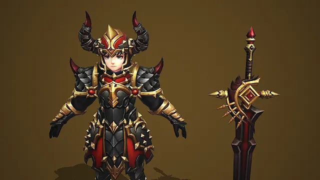 卡通 Q 版黑金红角恶魔骑士带荆棘魔剑 3D 游戏角色模型