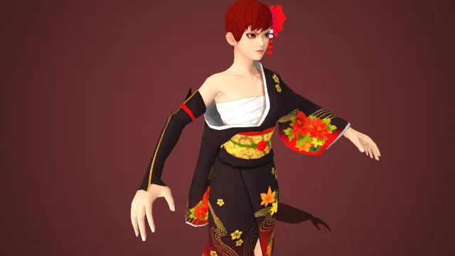 日式风格  红短发  金纹波浪纹样  日式分趾鞋  传统和服元素  和风韵味  现代时尚  