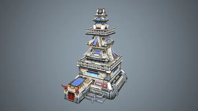 一个写实风格的3D科幻指挥塔模型，充满未来科技感