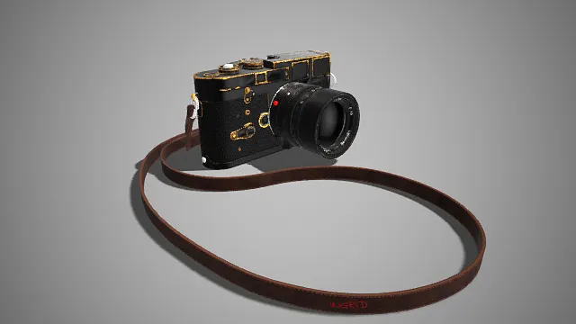复古风格  黑金旁轴相机  仿皮纹理质感  大光圈镜头  皮质肩带  精致  摄影器材