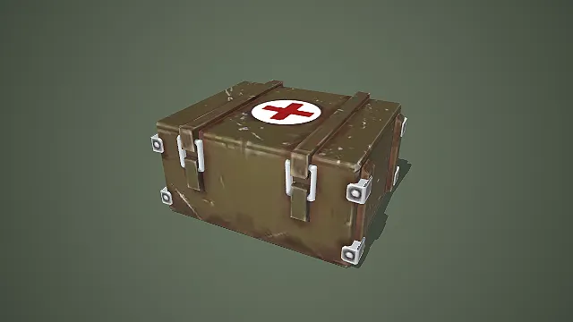 做旧军绿色金属急救箱 3D 模型 带红十字标识