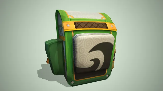 绿色背包侧兜装有水杯画有云纹装饰