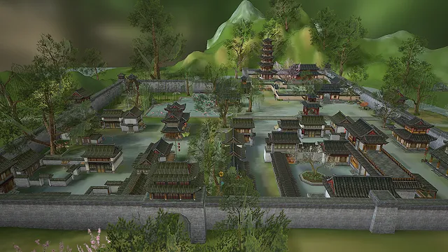 一个古风风格的3D江南园林式古建群模型，以山水院落为布局