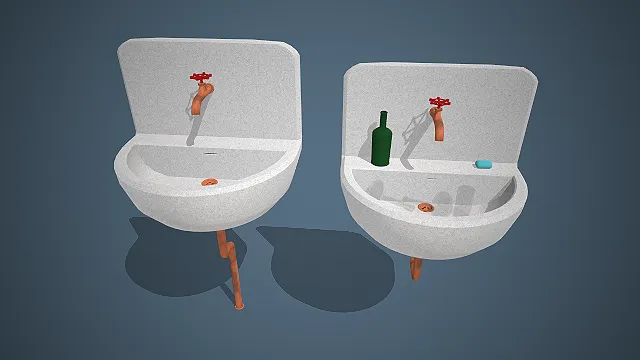 壁挂式洗手池  卫浴设施  浅灰水磨石材质  弯颈水龙头