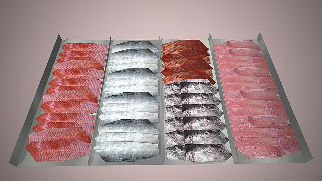 一组生鲜鱼片的3D模型，包含多种不同颜色和纹理的鱼片