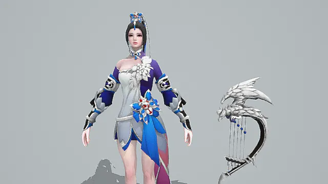 国风仙侠风女性角色模型（紫白蓝配色华丽服饰造型）