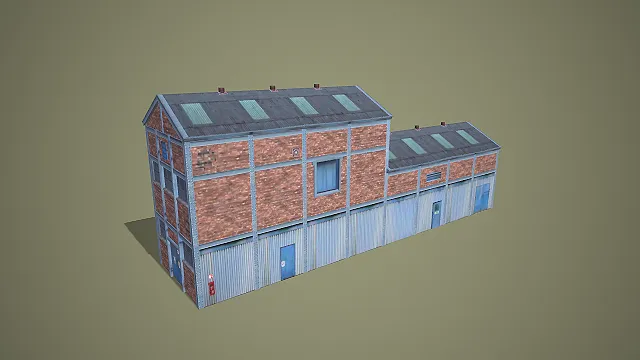 写实风格 L 型拼接式红砖工业厂房 3D 低多边形场景模型