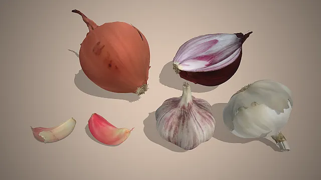 一个写实风格的洋葱，大蒜等厨房烹饪食材组合模型