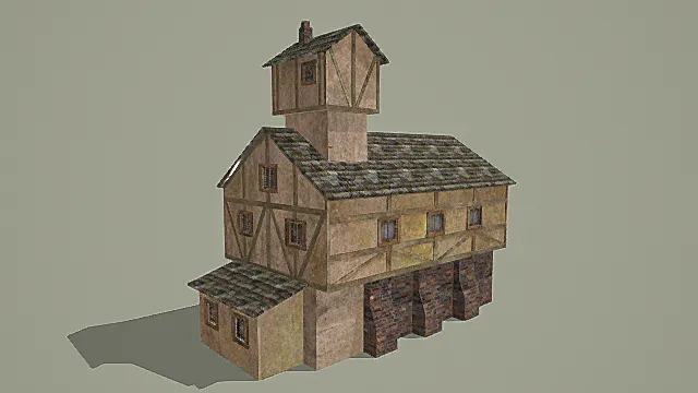 复古木骨砖石多层建筑3D模型