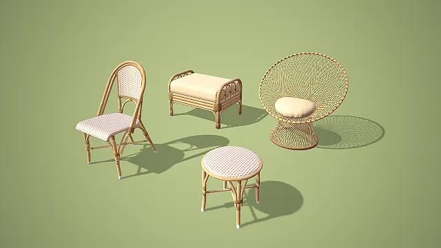 卡通风格网巢椅与藤编坐凳组合 3D 低多边形场景装饰模型