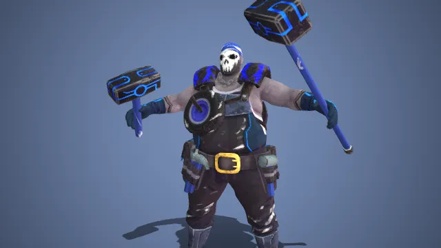 工业风  3D 角色模型  骷髅图案  蓝白面罩  工装背带裤  能量巨锤  暴力战士