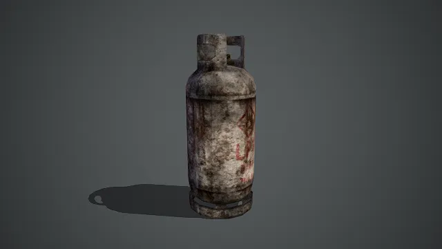 写实风格3D旧化煤气罐模型，创意设计（写实旧化煤气罐、金属质感罐体、严重锈蚀痕迹、提手与阀门结构）