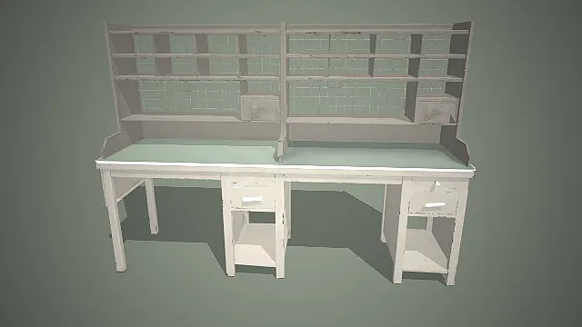 双工位工作台  办公家具  多层网格置物架  做旧木质框架