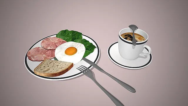 一个写实风格的3D西式早餐模型，适合用于餐厅或早餐场景