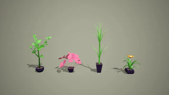 卡通低模多株绿植盆栽 3D 模型套装 室内装饰植物素材