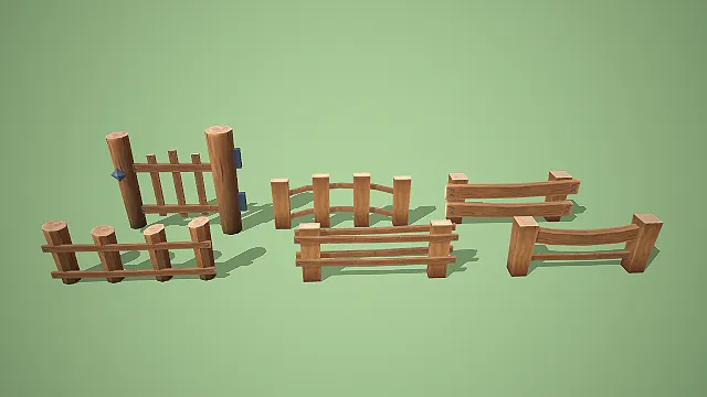 卡通风格带门款多形态木栅栏 3D 低多边形场景装饰模型