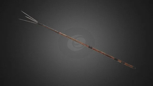 三叉刃长柄矛  木质长柄  做旧金属质感  穿刺攻击
