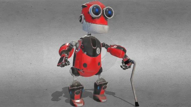 拄着拐杖的旧时定时机器人有点破旧