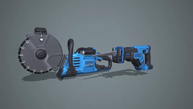 蓝黑配色锂电切割机与马刀锯组合重型施工工具 3D 模型
