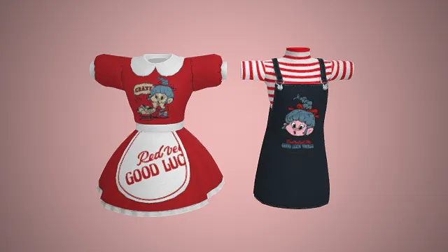 卡通印花  围裙  甜妹休闲风  娃娃印花  撞色条纹内搭