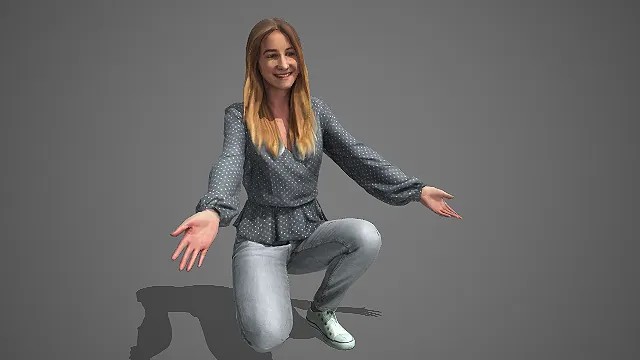 波点衬衫女性蹲姿展臂微笑人物 3D 模型