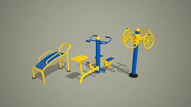 蓝黄配色滚筒收腹器、坐式健身车与太极推揉器组合 3D 模型