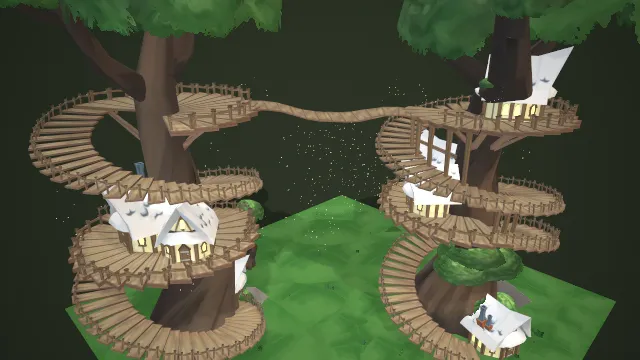 两颗连在一起的树屋建筑房屋木制楼梯道路场景