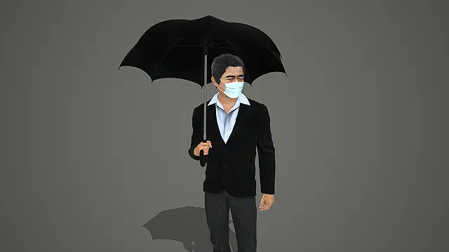穿西装戴口罩持黑伞站立的商务男性写实模型