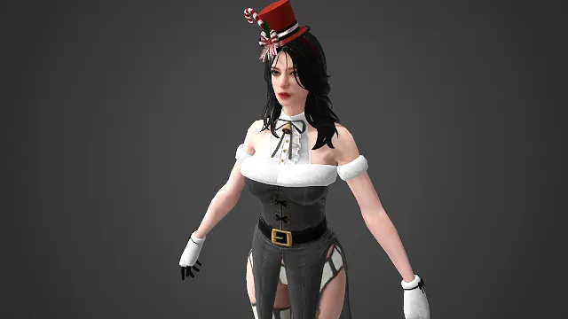 圣诞主题  女角 3D 模型  性感  红帽黑裙  条纹袜  露肩束腰圣诞装扮  红白色调