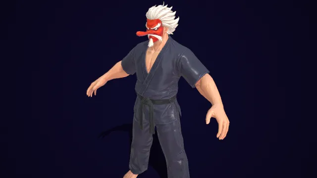 角色 “天狗”  黑色空手道服  肌肉线条  长鼻天狗面具  空手道宗师  极限流  神秘戏谑感