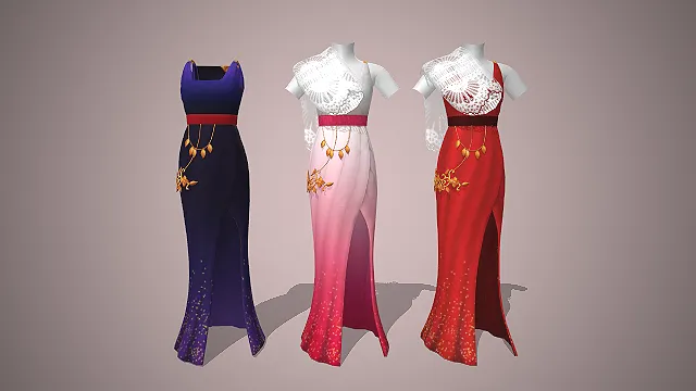 晚礼服  渐变长裙  蕾丝披肩  优雅  游戏服饰