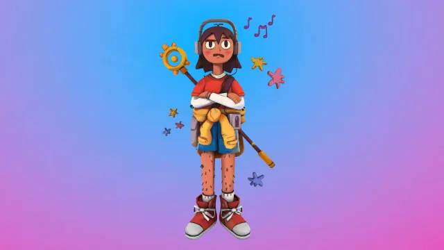 带有手绘纹理的3D角色戴耳机听歌的男孩动画