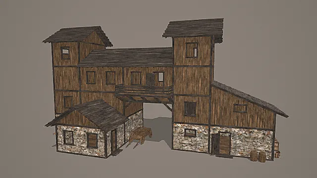 复古连廊式木石工坊建筑群3D模型