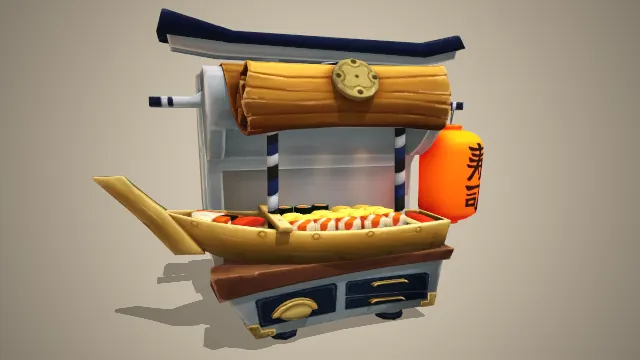 寿司小车摊，挂有寿司两个字的灯笼