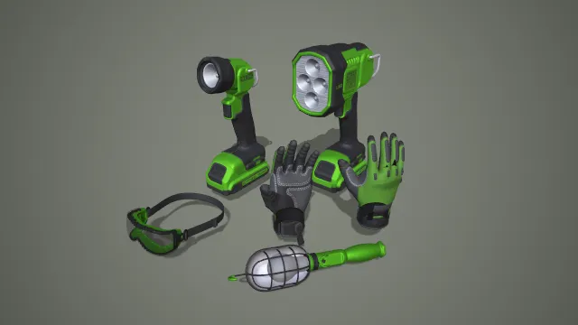 绿黑工业照明工具与防护装备五件套 3D 模型