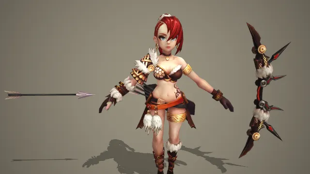 卡通 Q 版蛮族风红发女弓箭手带兽毛猎弓 3D 游戏角色模型