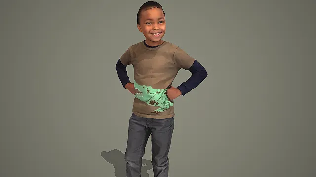棕印花假两件 T 恤男孩叉腰微笑站姿 3D 模型