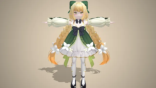 精灵少女  双麻花长辫  绿白洋装  精灵耳