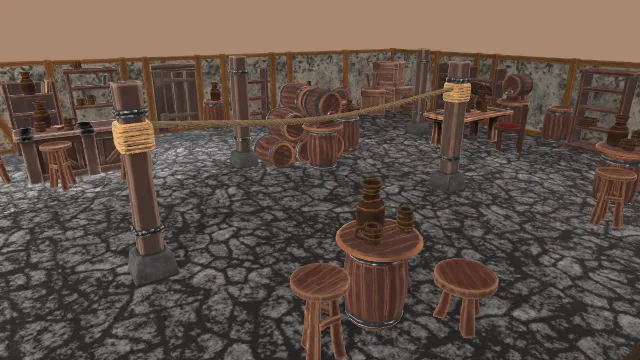 环境酒馆低多边形建筑桌椅木桶中世纪游戏场景
