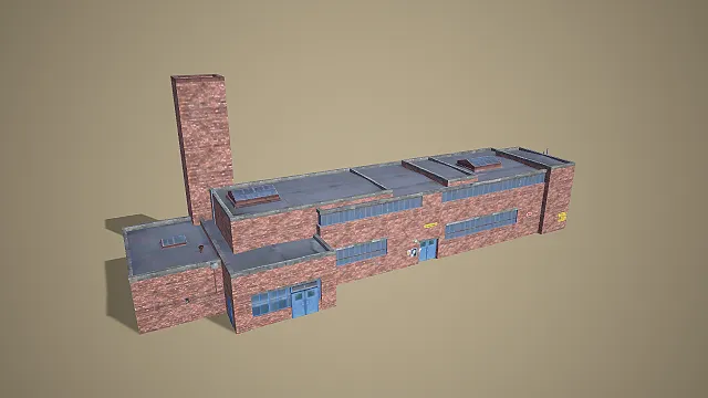 带红砖烟囱单层工业厂房 3D 低多边形场景模型