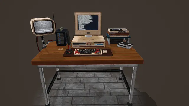 3D卡通风格棕白黑系复古电脑桌场景模型，创意设计（3D场景、卡通风格、复古科技风，场景设计主题）